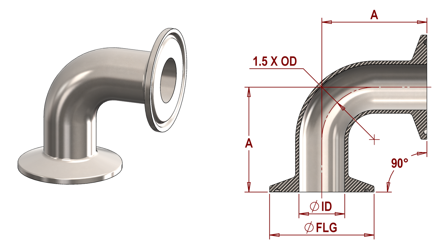 ASME BPE, DT-4.1.1-3 (DT16) 90° Bend, Clamp x Clamp