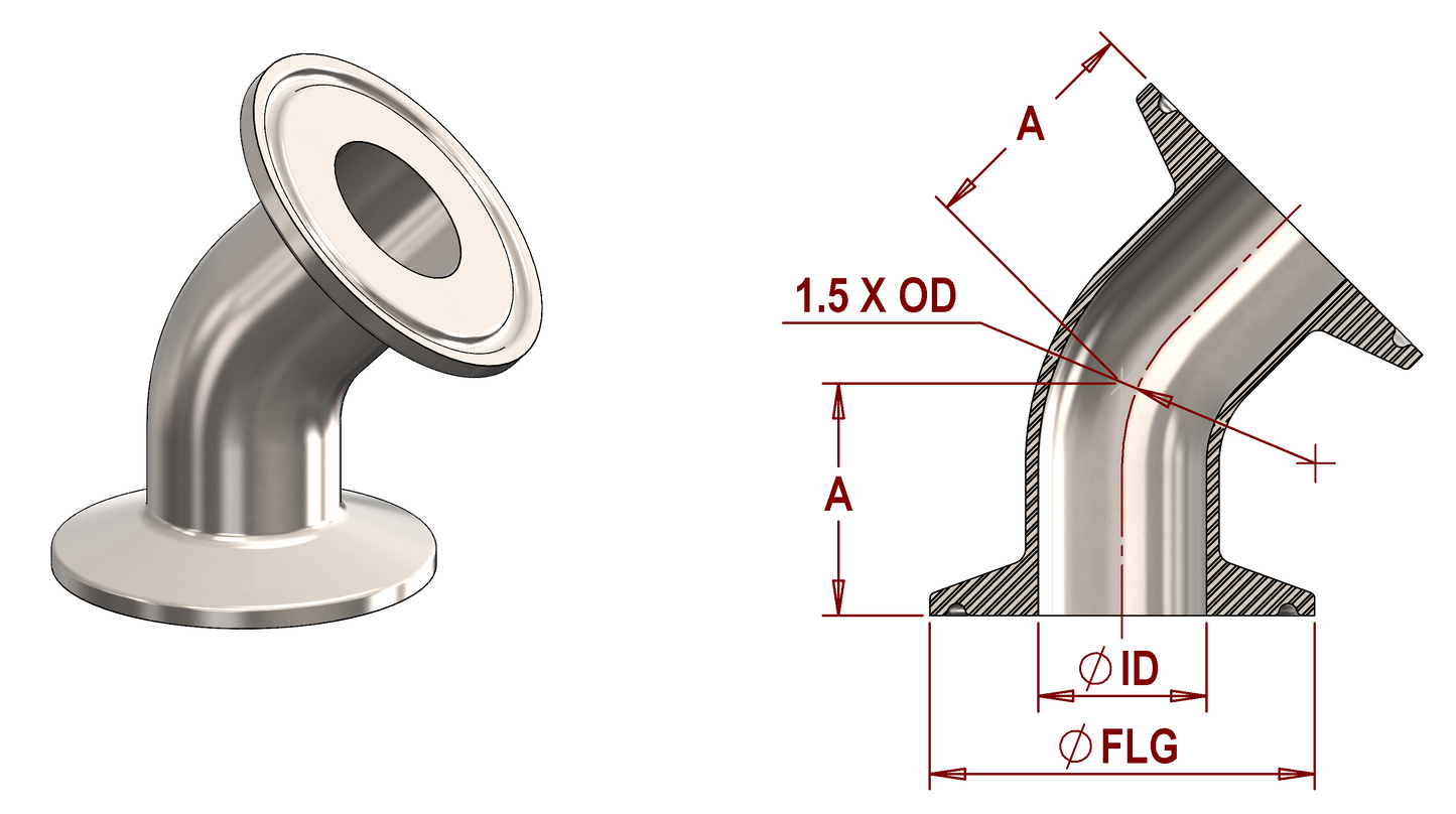 ASME BPE, DT-4.1.1-6 (DT17) 45° Bend, Clamp x Clamp