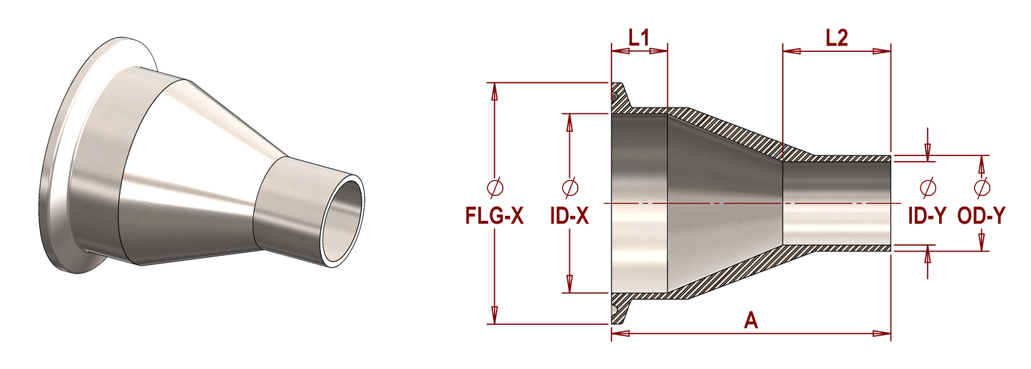 ASME BPE, DT-4.1.3-2 (DT26) Concentric Reducer, Clamp x Weld
