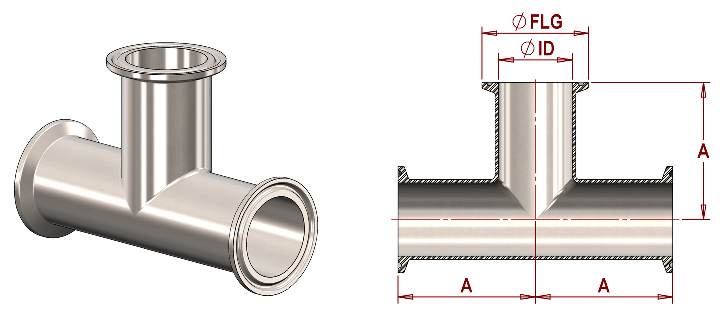 ASME BPE, DT-4.1.2-4 (DT18) Straight Tee, Clamp x Clamp