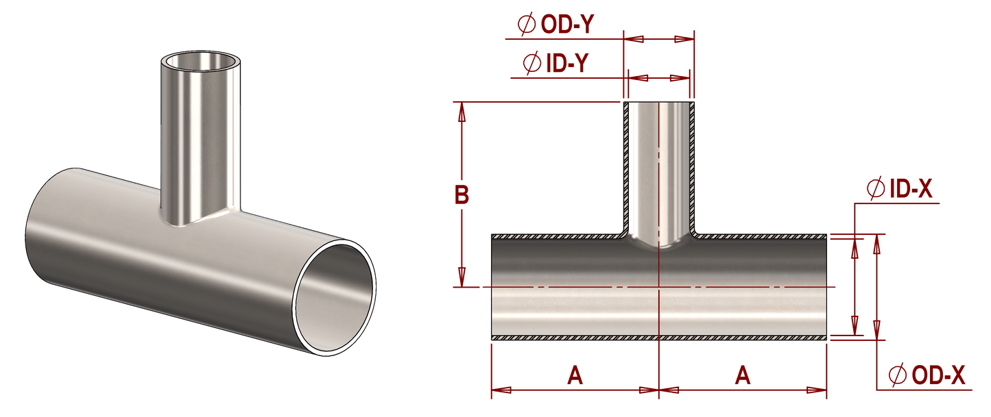 ASME BPE, DT-4.1.2-6 (DT10) Reducing Tee, Weld x Weld