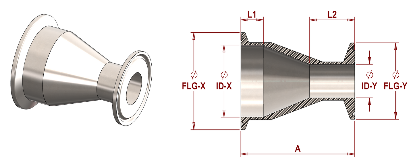 ASME BPE, DT-4.1.3-3 (DT21) Concentric Reducer, Clamp x Clamp